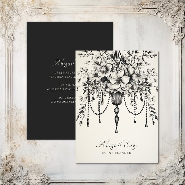 Cartão De Visita Floral Chandelier Preto e Branco (Elegant Floral Chandelier Black and White Business Card)