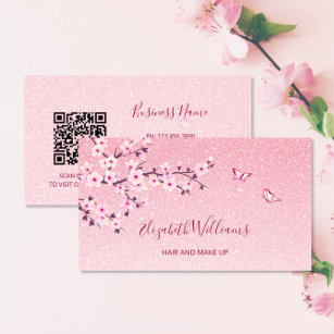 Cartão De Visita Floral Cherry Blossom Rosa Glitor Código QR