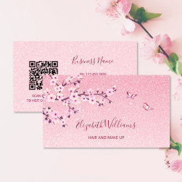 Cartão De Visita Floral Cherry Blossom Rosa Glitor Código QR