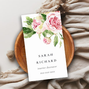 Cartão De Visita Floral de Peony Floral, Cor Verde Rosa Elegante