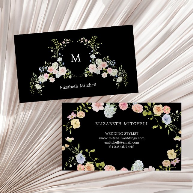 Cartão De Visita Floral de primavera Garden em Preto | Monograma (Criador carregado)