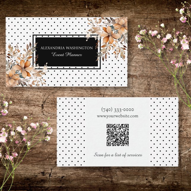 Cartão De Visita Floral e Bolinhas com Código QR (Criador carregado)