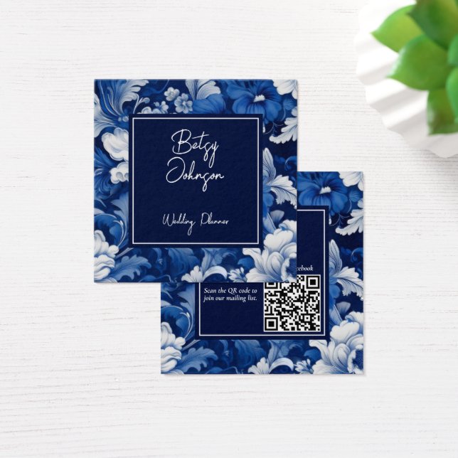 Cartão de visita Floral Elegante Azul e Branco (Mesa)
