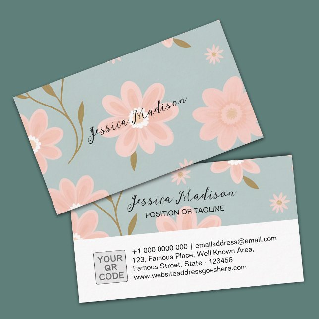 Cartão de visita Floral Elegante com Código QR | D (floral elegant business card | edit online | custom template | home business | pastel color design)
