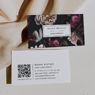 Cartão De Visita Floral Escuro Elegante em Preto Código QR