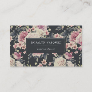 Cartão De Visita Floral Escuro Vintage em Preto Assinatura