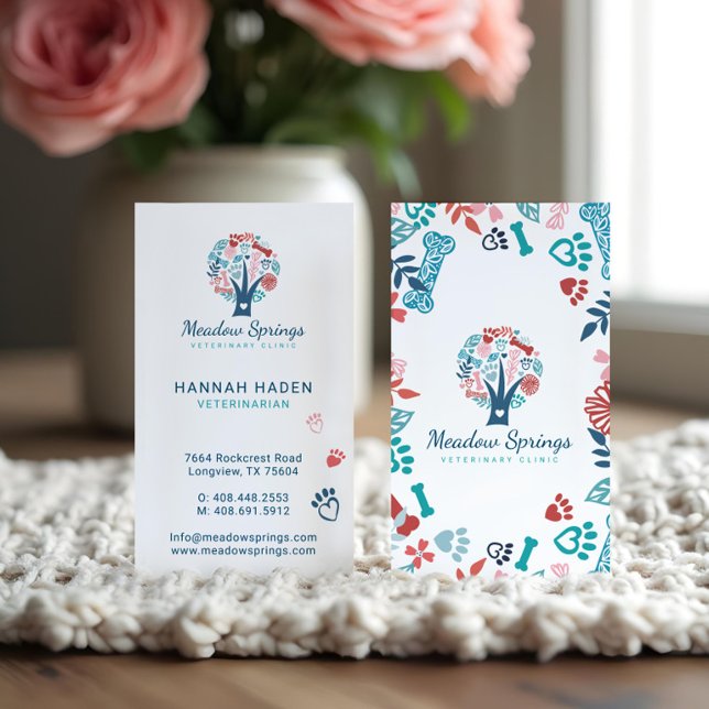 Cartão De Visita Floral & Foliage Pet Paw Pet Pet Pet Árvore Padrão (Floral & Foliage Pet Paw Print Pattern Tree White Business Card)