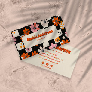Cartão de Visita Floral Laranja Retrô Xadrez