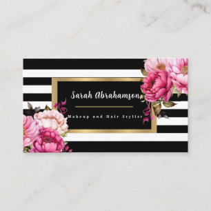 Cartão De Visita Floral Listrado Preto e Branco Elegante