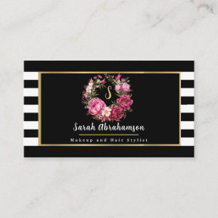 Cartão De Visita Floral Listrado Preto e Branco Elegante