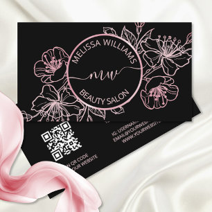 Cartão De Visita Floral Preto Cor-de-Rosa rosa Dourado   Código QR