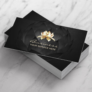 Cartão De Visita Floral preto Elegante do Logotipo Dourado do Lotus