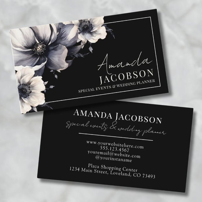 Cartão De Visita Floral Preto para Casamento de Elegante (Elegant Event Wedding Planner Black Floral Business Card)