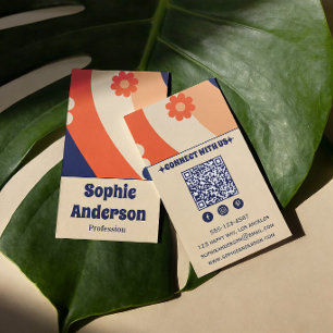 Cartão de Visita Floral Retro Groovy com Código QR