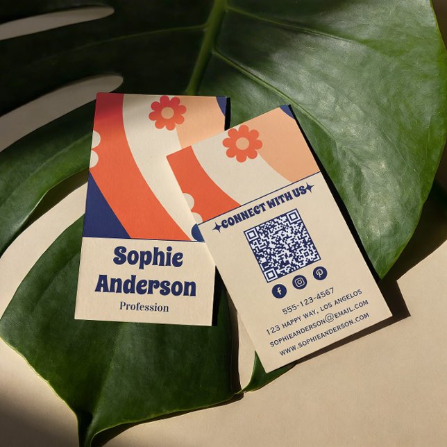 Cartão de Visita Floral Retro Groovy com Código QR (Criador carregado)
