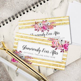 Cartão De Visita Floral rosa e Dourado Glam, Cor de Água, Tinta Mod