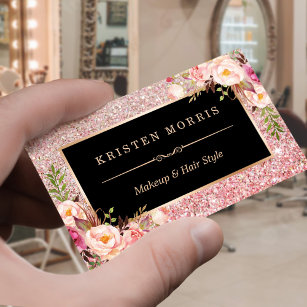 Cartão De Visita Floral Rose Gold Glitter Makeup Artist Hair Salon