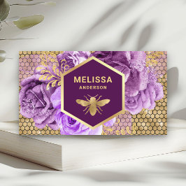 Cartão De Visita Floral Roxo Folha Dourada Favo de Mel Abelha