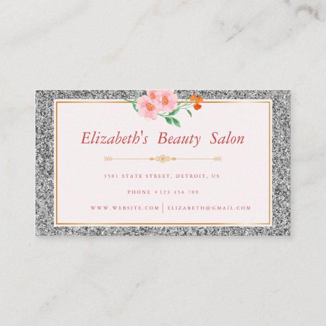 Cartão De Visita Floral Silver Glitter Makeup Artist Beaut Salon (Verso)