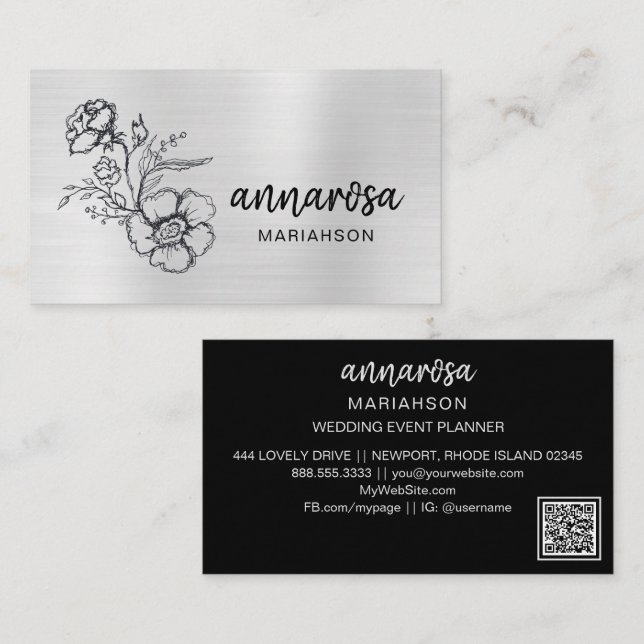 Cartão De Visita *~* Floral Silver QR LOGO FOTO Elegante QR  (Frente/Verso)