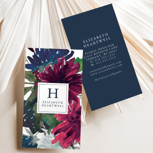 Cartão De Visita Floral Watercolor Burgundy Marinho Azul Monograma