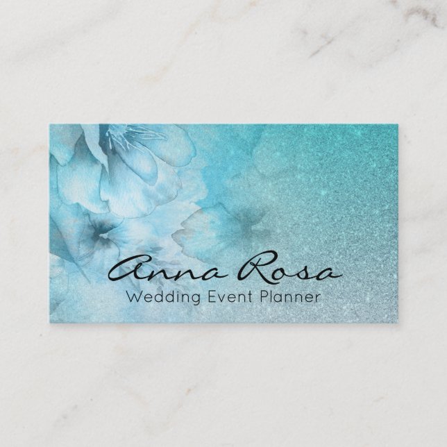Cartão De Visita *~* Floral Watercolor Turquoise Glitter Celestial (Frente)