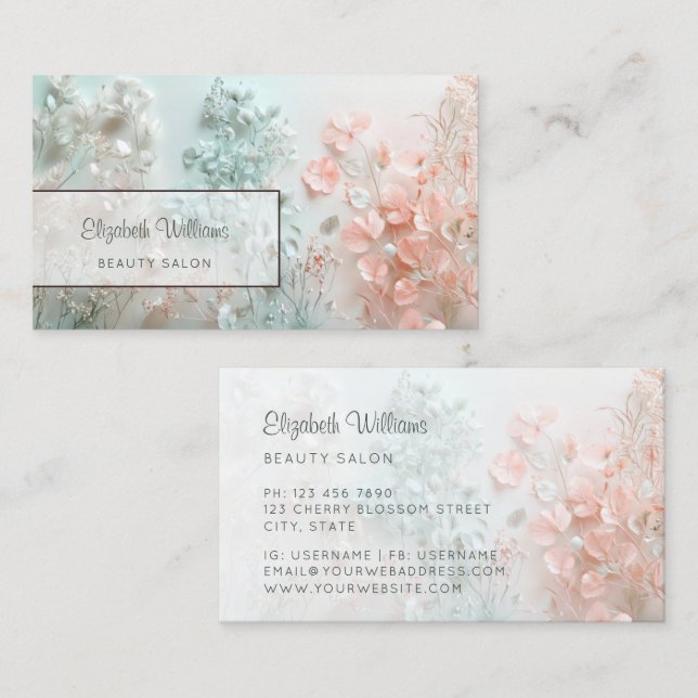 Cartão De Visita Flores Boho 3D Pastel (Frente/Verso)