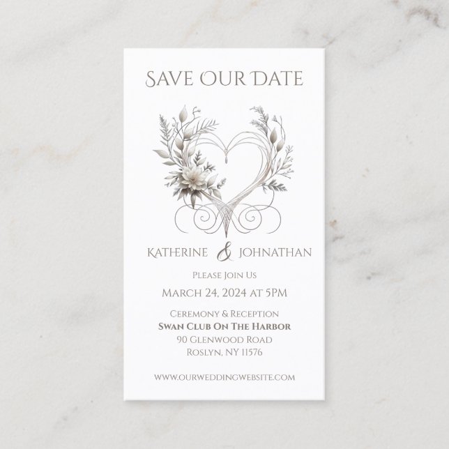 Cartão De Visita Flores brancas com coração - Salve a data - (Frente)