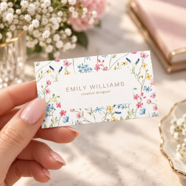 Cartão de Visita Flores Brilhantes (Bright Wildflower Watercolor Business Card, colorful floral border, creative designer template)