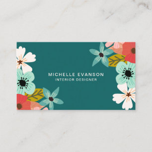 Cartão De Visita Flores Coloridas Modernas Verde-Teal
