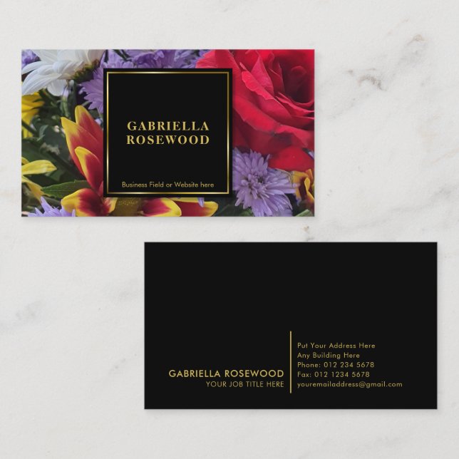 Cartão De Visita Flores com Quadro Dourado Quadrado Preto (Frente/Verso)