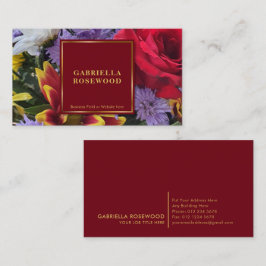 Cartão De Visita Flores com quadro Dourado quadrado vermelho