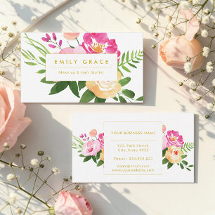 Cartão De Visita Flores de Aquarela Floral Amarelo Rosa Verde
