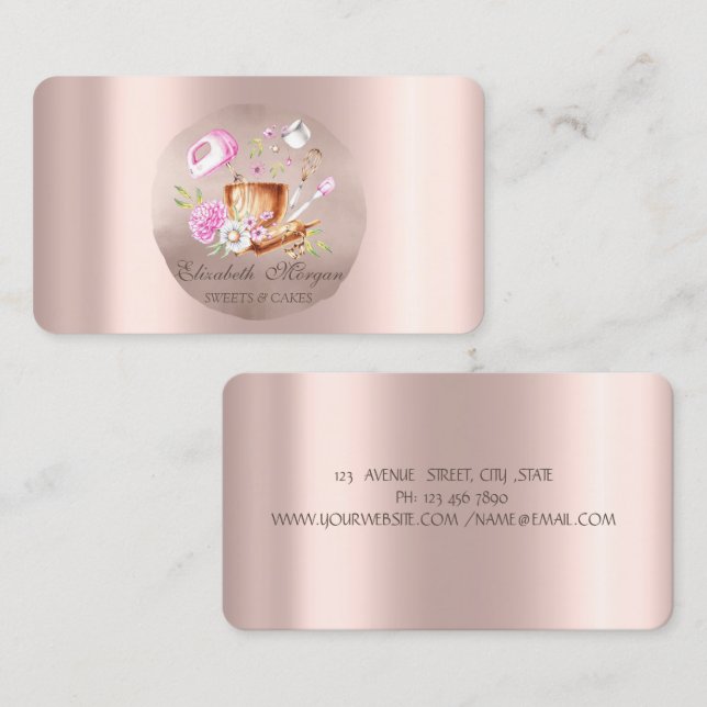 Cartão De Visita Flores de Chicote Dourado Rosa Círculo  (Frente/Verso)