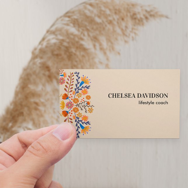 Cartão De Visita Flores de Folhas Mexicanas Terem Tan (Neutral boho floral business card in warm earthy tan with mexican folk flowers)