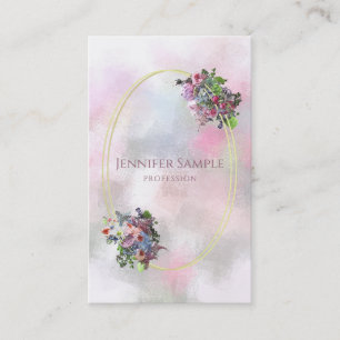 Cartão De Visita Flores em Aquarela Elegante Moldura Dourada Abstra