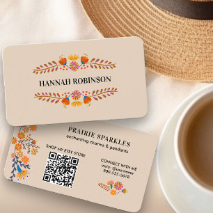 Cartão De Visita Flores Folclóricas Mexicanas Código QR Terroso