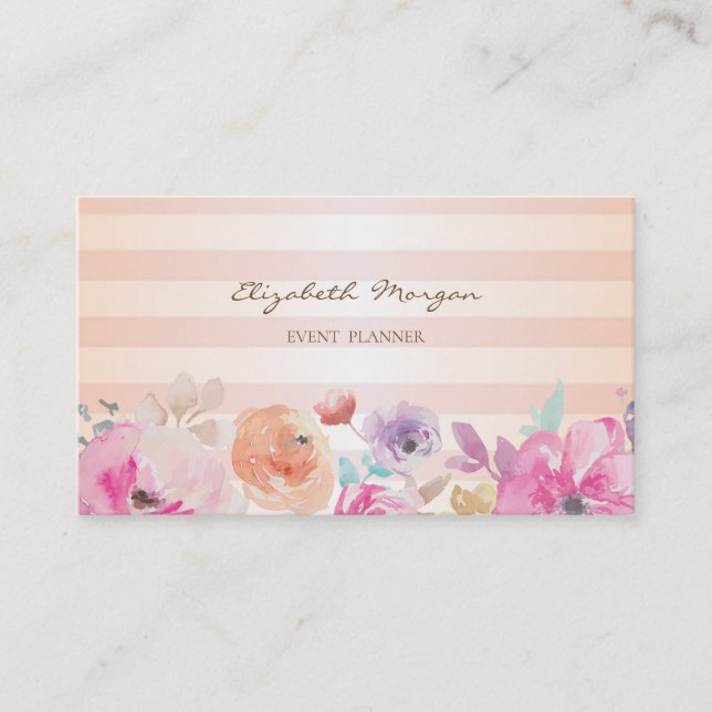 Cartão De Visita Flores Modernas Listradas em Aquarela Elegante (Frente)