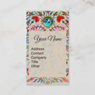 Cartão De Visita FLORES ORIENTAIS DAMASK MONOGRAM Azul Cor-de-rosa