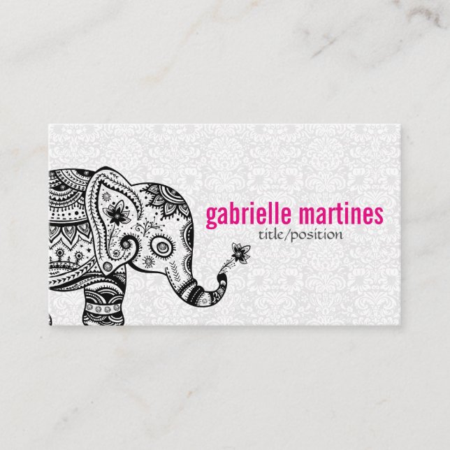Cartão De Visita Flores Retro Pretas e Ouros Brancos Elefantes (Frente)
