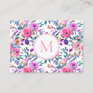 Cartão De Visita Flores Rosa Monograma Púrpura Aquarela