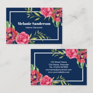 Cartão De Visita Flores Vermelhas e Cor-de-Água Rosa em Azul Marinh