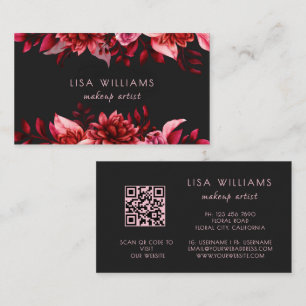 Cartão De Visita Flores Vermelhas Rosa Preto Código QR Aquarela