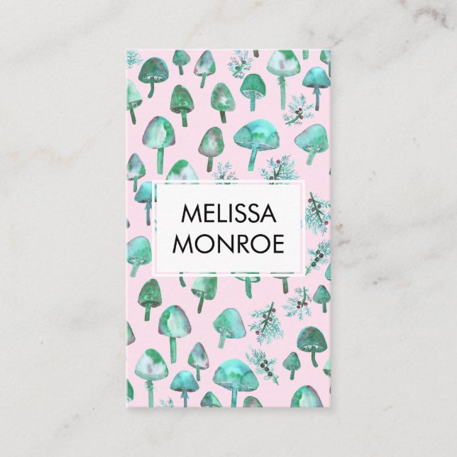 Cartão De Visita Floresta de Aquarela Cogumelos Botânicos Natureza (Frente)