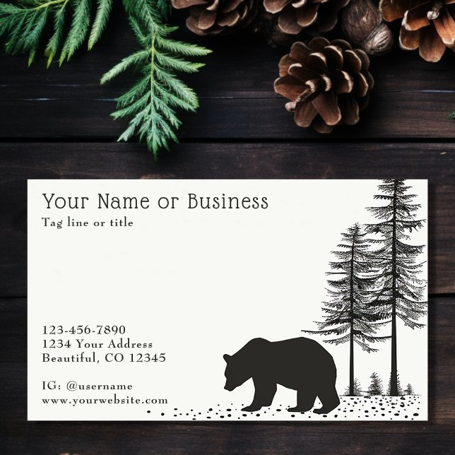 Cartão De Visita Floresta de Madeira Rústica do Urso Negro Simples (Front - Simple Black Bear Rustic Woodland Forest Business Card)