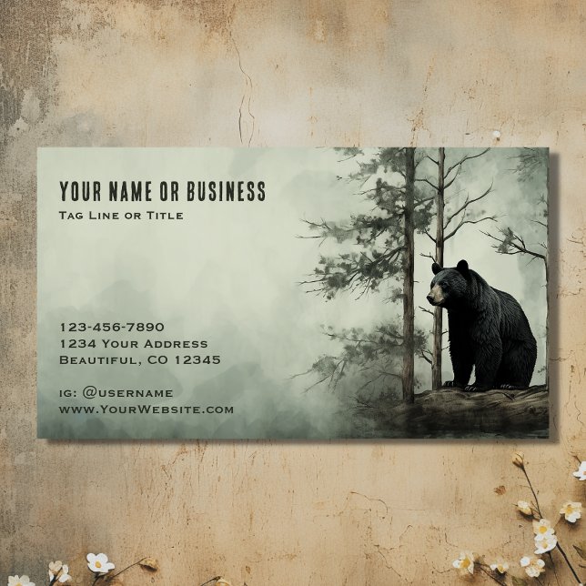 Cartão De Visita Floresta de Madeira Rústica do Urso Negro Simples (Front - Simple Black Bear Rustic Woodland Forest Business Card)