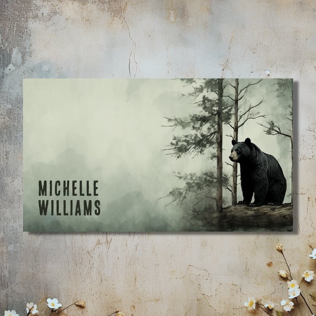 Cartão De Visita Floresta de Madeira Rústica do Urso Negro Simples (Front - Simple Black Bear Rustic Woodland Forest Business Card)