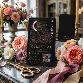 Cartão De Visita Florista Celestial Luxo Preto Dourado QR 
