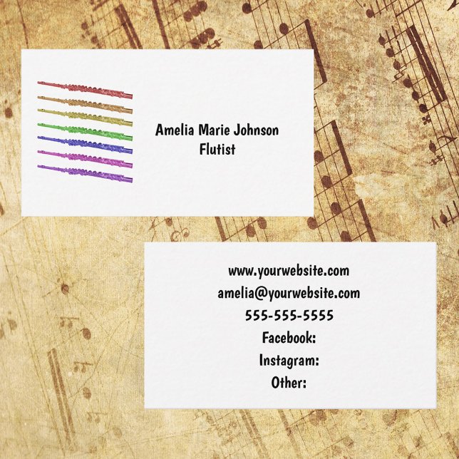 Cartão De Visita Flute Rainbow Personalize (A business card with a colorful flute design and text you can personalize!)