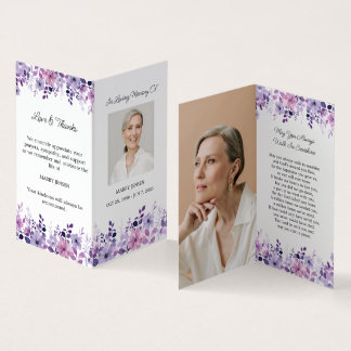 Cartão De Visita Folded Purple Flower Photo Funeral Prayer Card